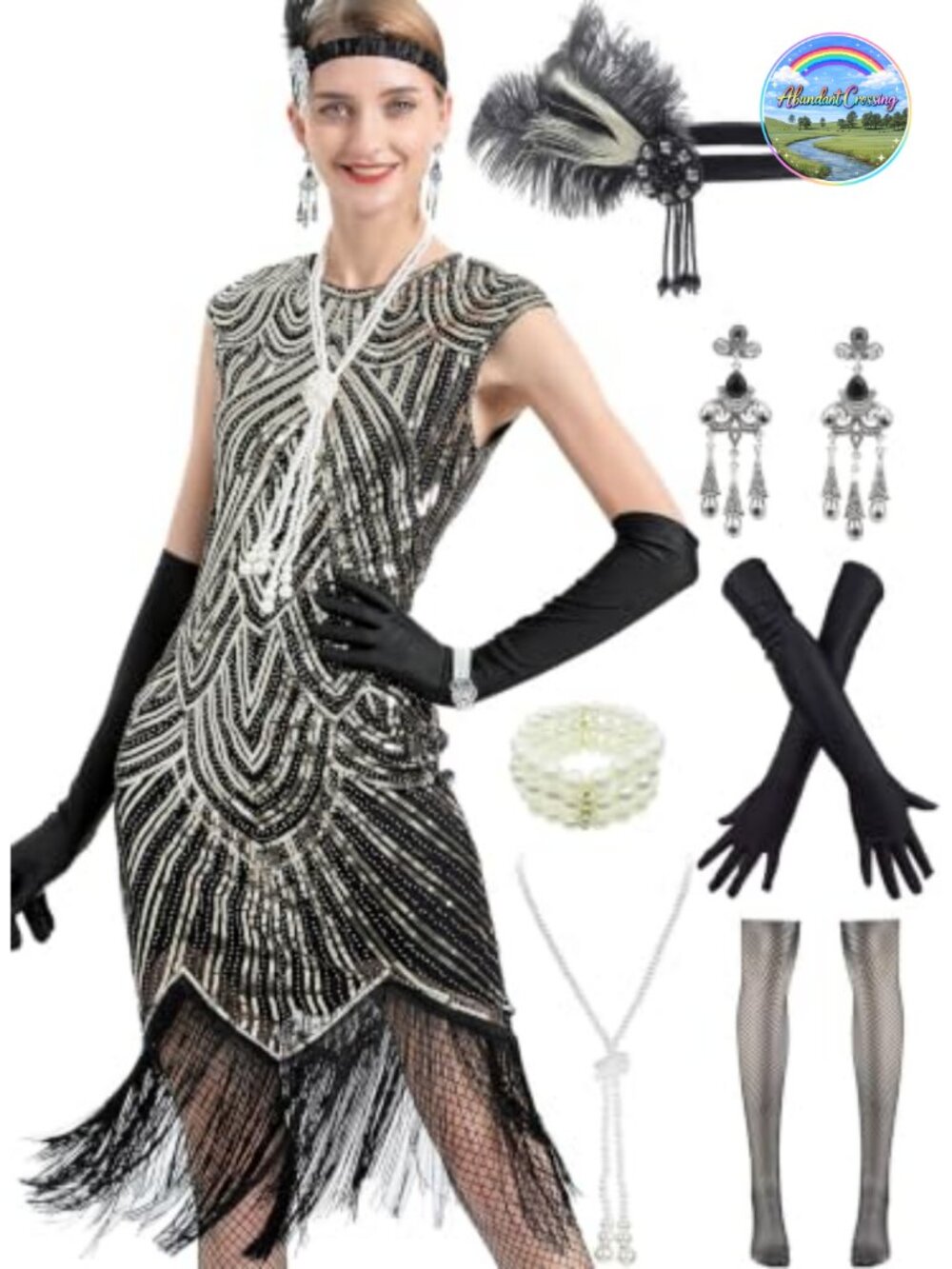 Vintage Lace Fringed Flapper Cocktail Dress 20s Accessories Set